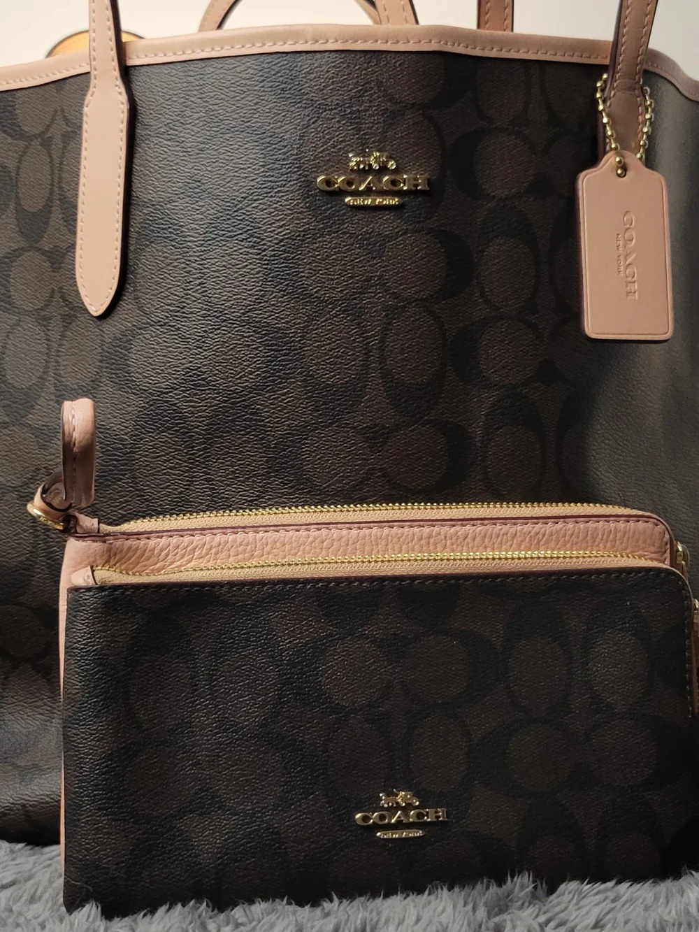 COACH Brown Signature Tote with Pink Trim and Wristlet